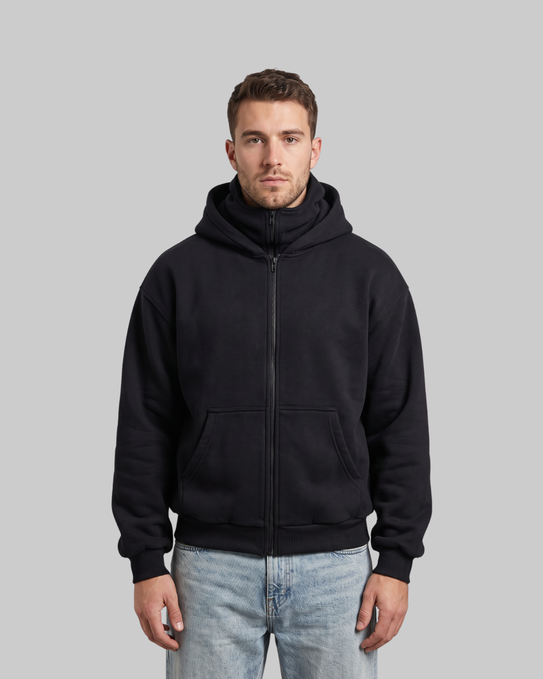 Men's Waist-Length Zip Hoodie in black.