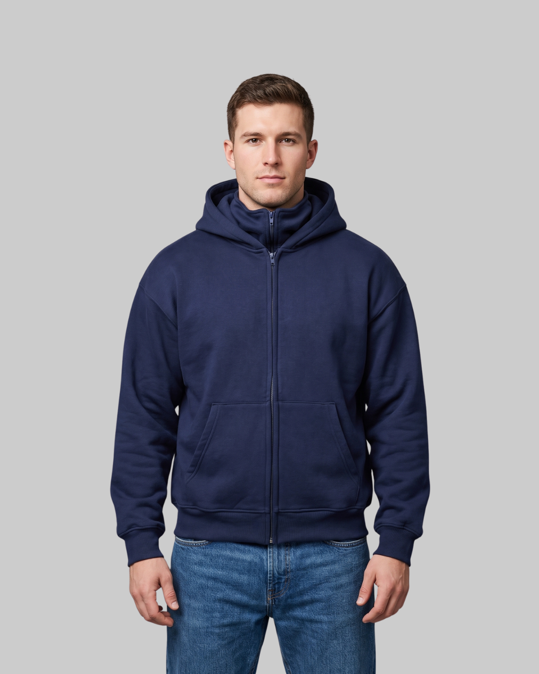 Men's Waist-Length Zip Hoodie in navy blue.