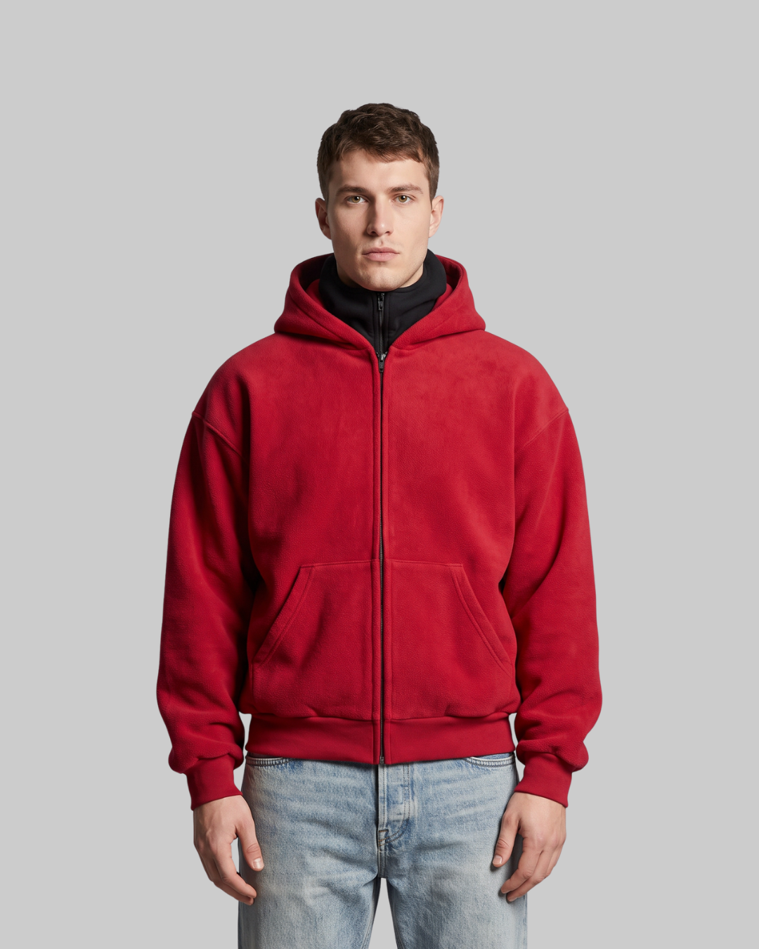 Men's Waist-Length Zip Hoodie in red.