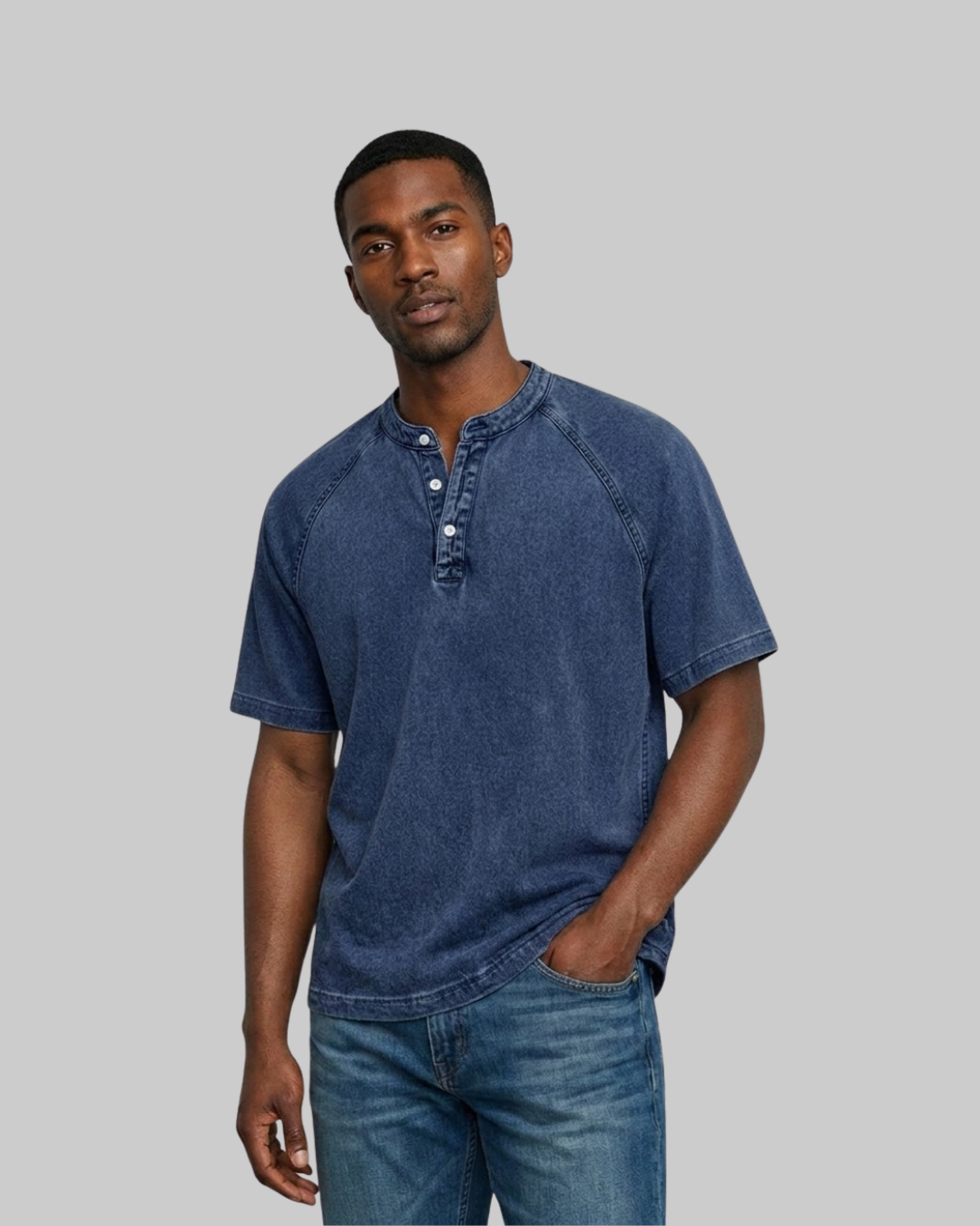 Men's Washed Henley T-Shirt in dark blue.