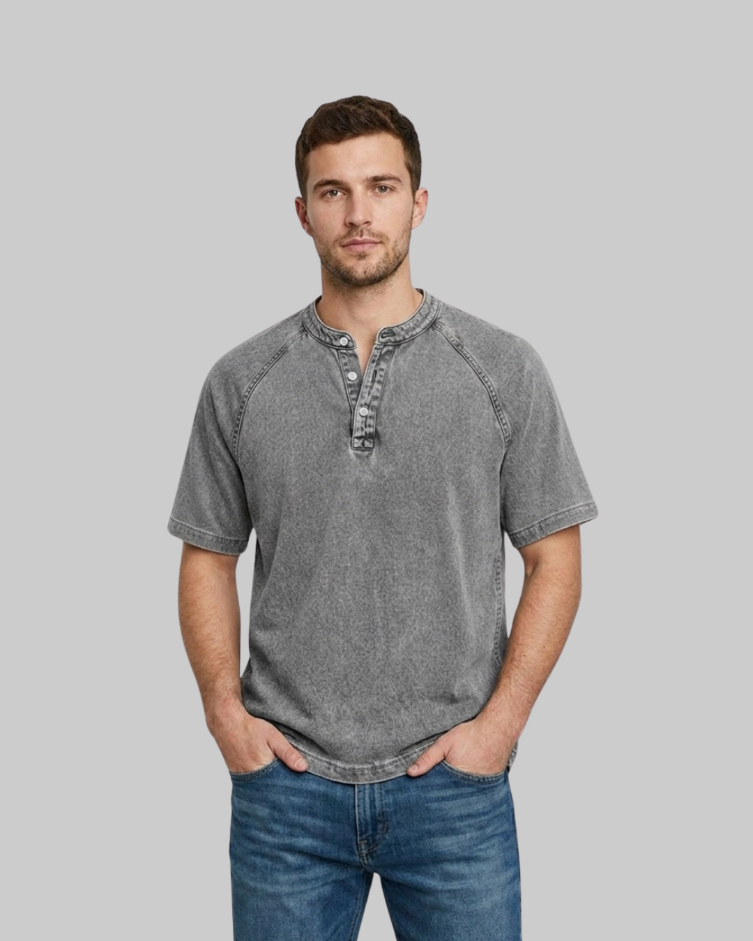 Men's Washed Henley T-Shirt in grey.