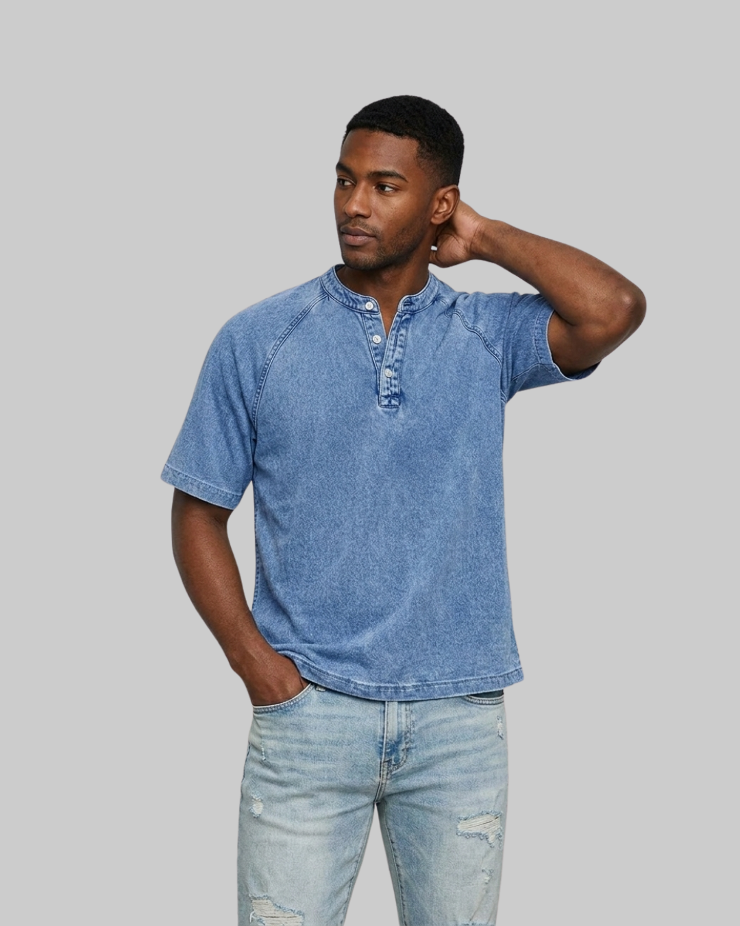 Men's Washed Henley T-Shirt in light blue.