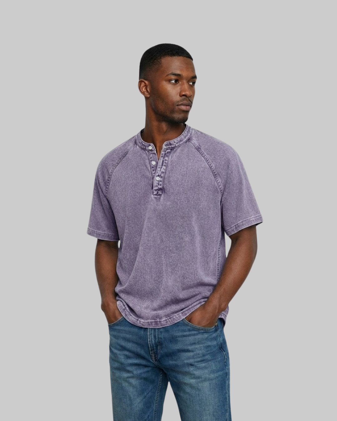 Men's Washed Henley T-Shirt in purple.