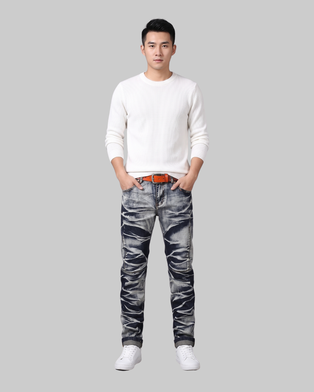 Men's Washed Straight Leg Jeans in blue white.