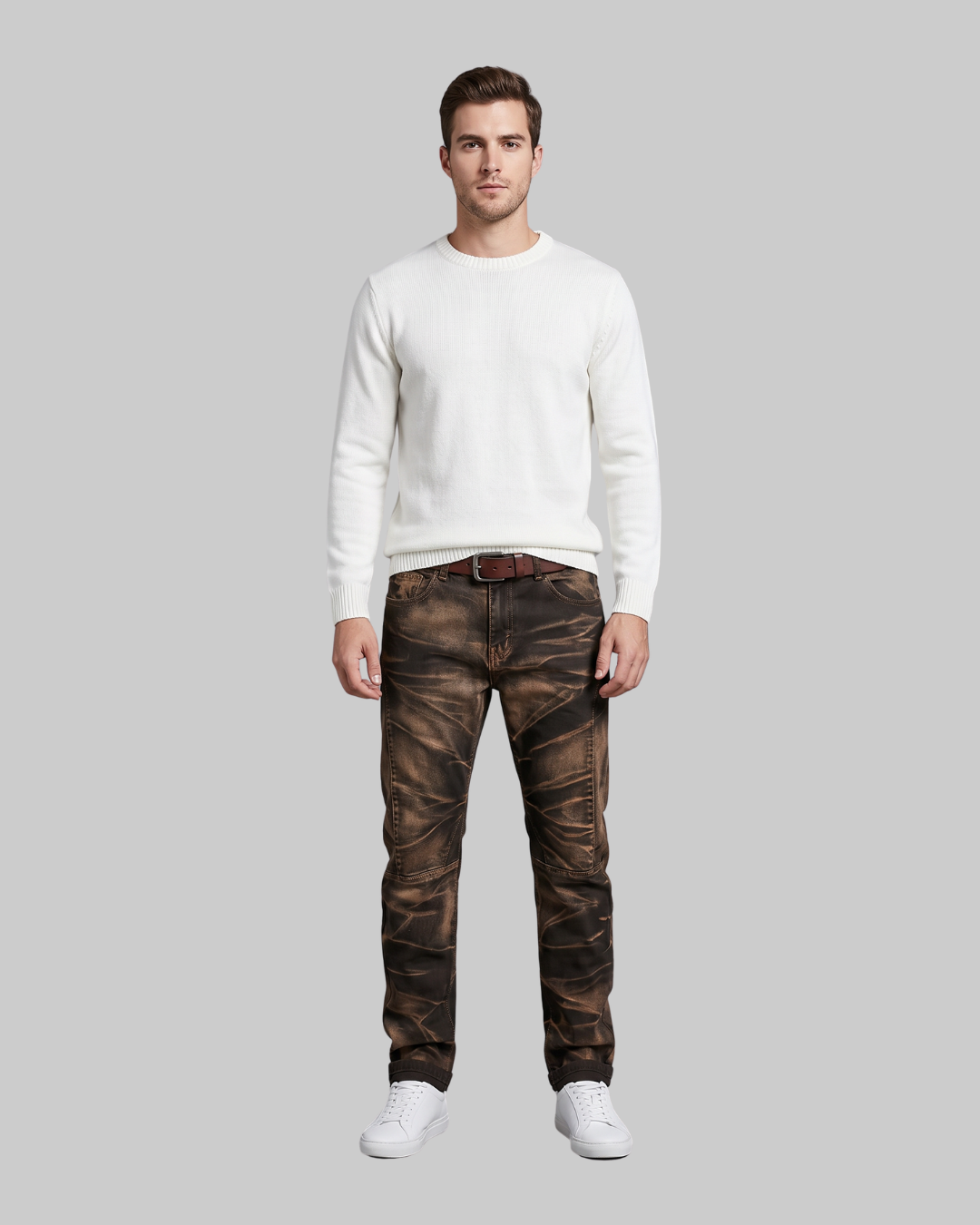 Men's Washed Straight Leg Jeans in brown.