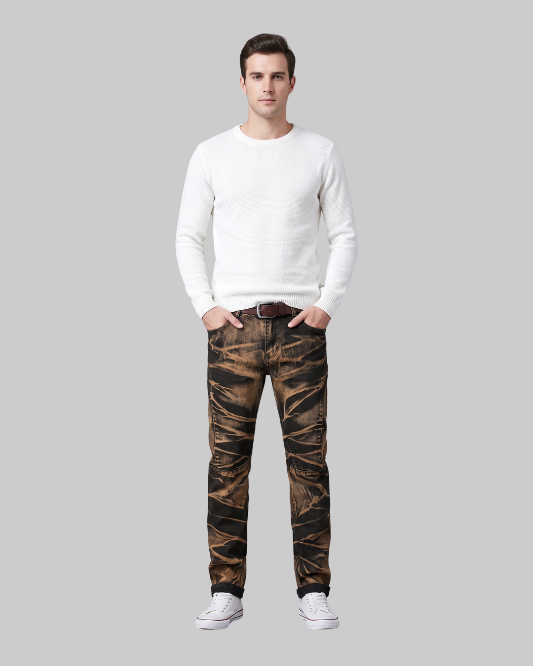 Men's Washed Straight Leg Jeans in yellow brown.