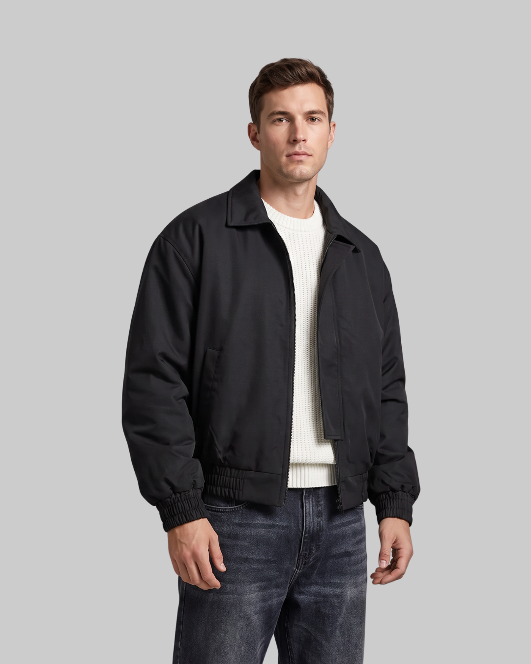 Men's Wide Collar Bomber Jacket in black.