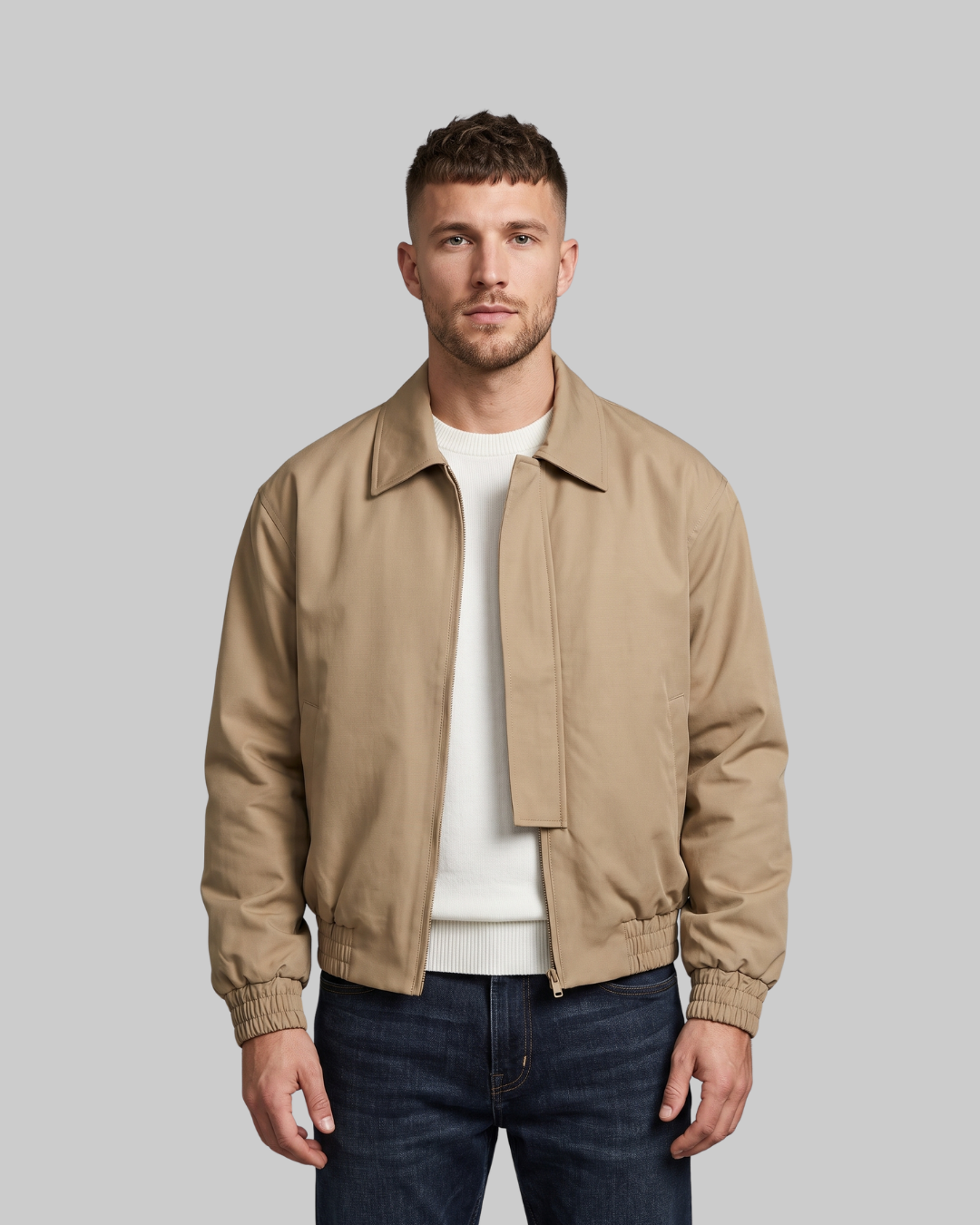 Men's Wide Collar Bomber Jacket in khaki.