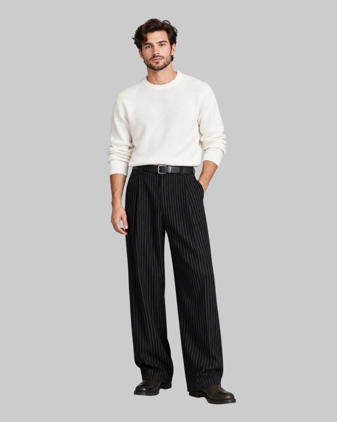 Men's Wide-Leg Pinstripe Trousers in black.