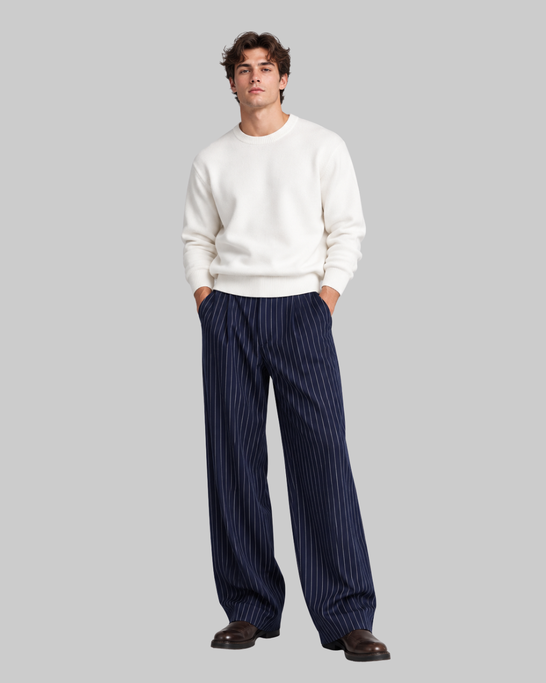 Men's Wide-Leg Pinstripe Trousers in navy blue.
