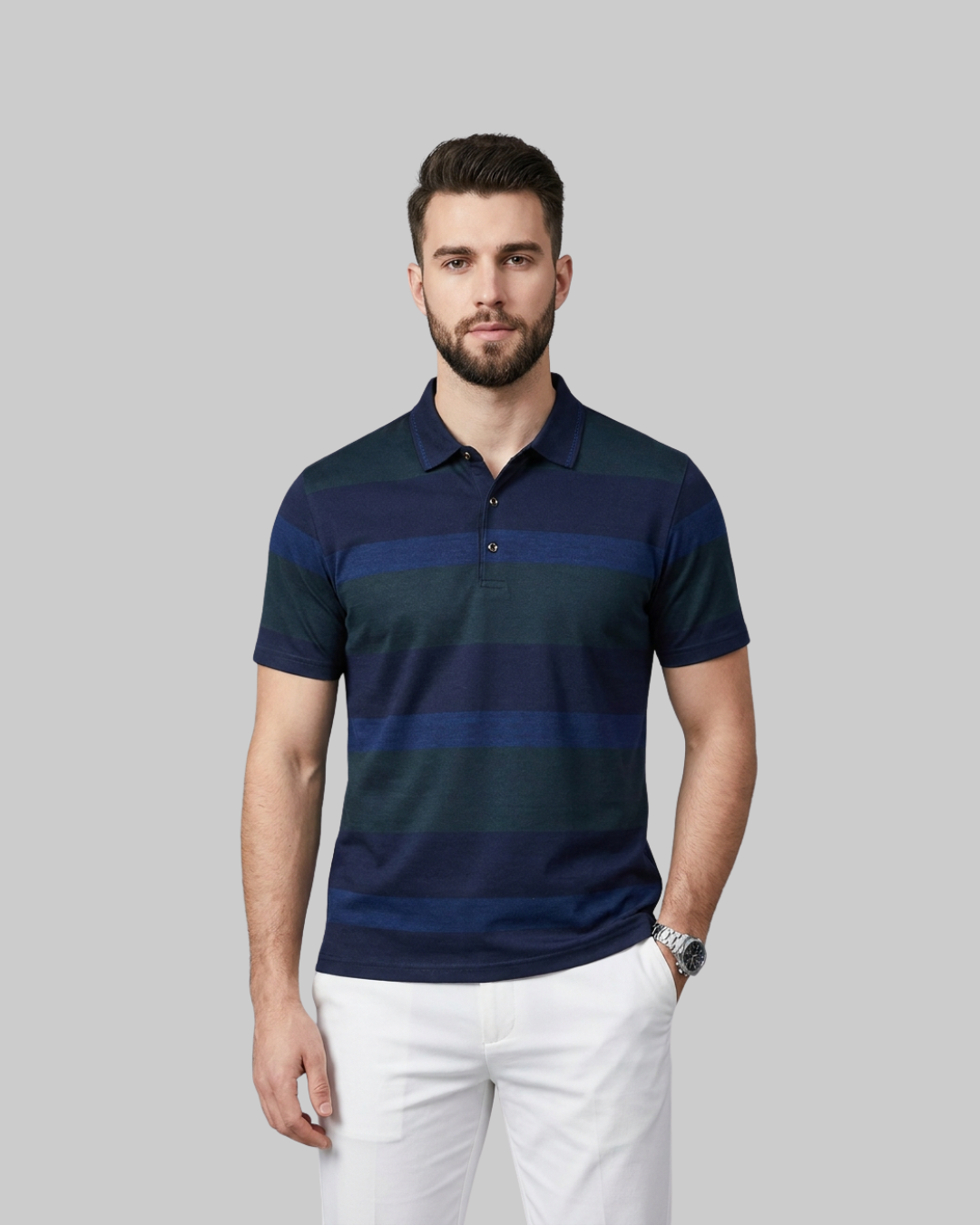 Men's Wide Stripe Polo Shirt in blue.