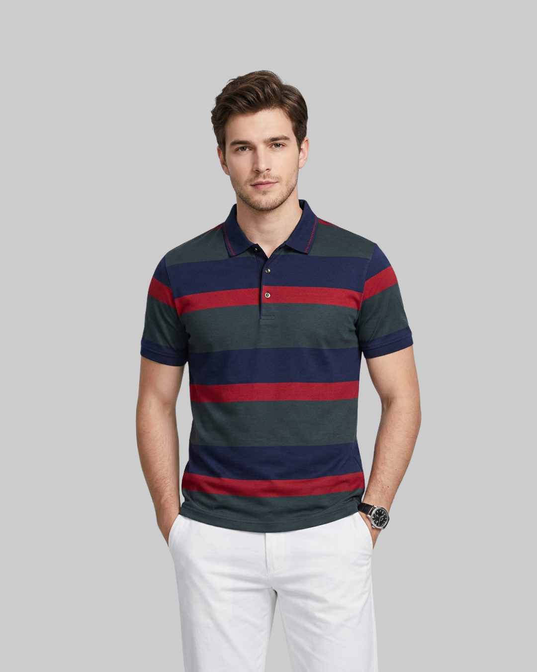 Men's Wide Stripe Polo Shirt in red.