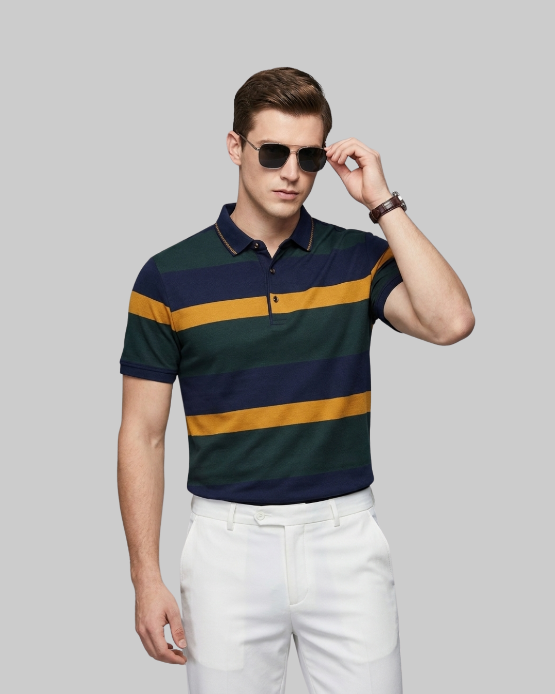 Men's Wide Stripe Polo Shirt in yellow.