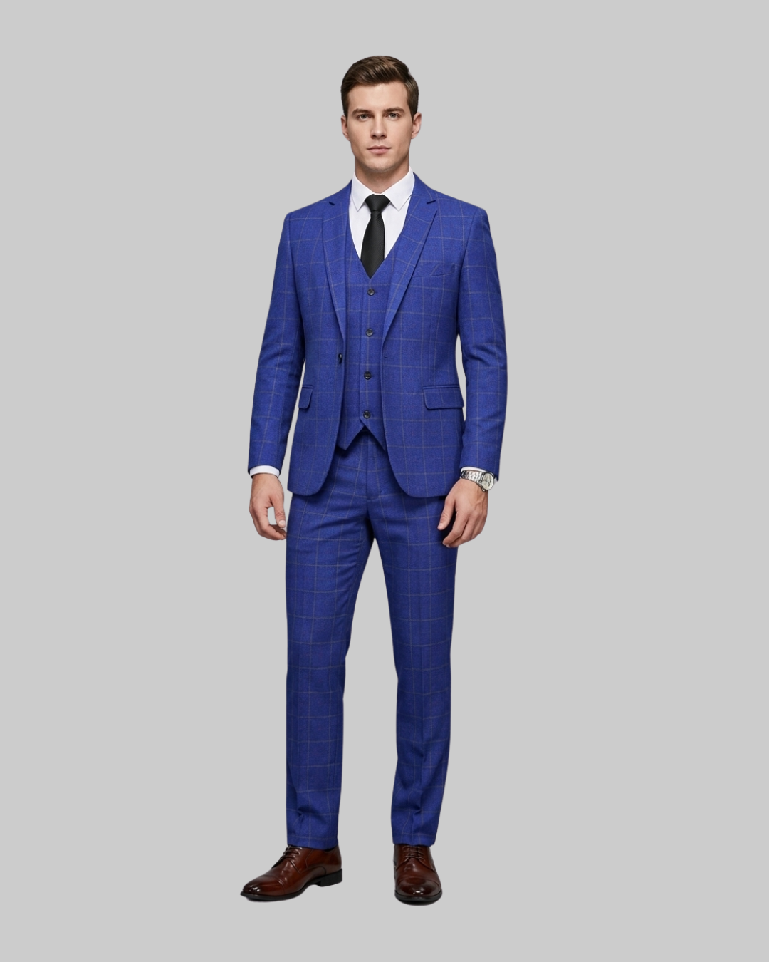 Men's Windowpane Business 3 Piece Suit in blue.
