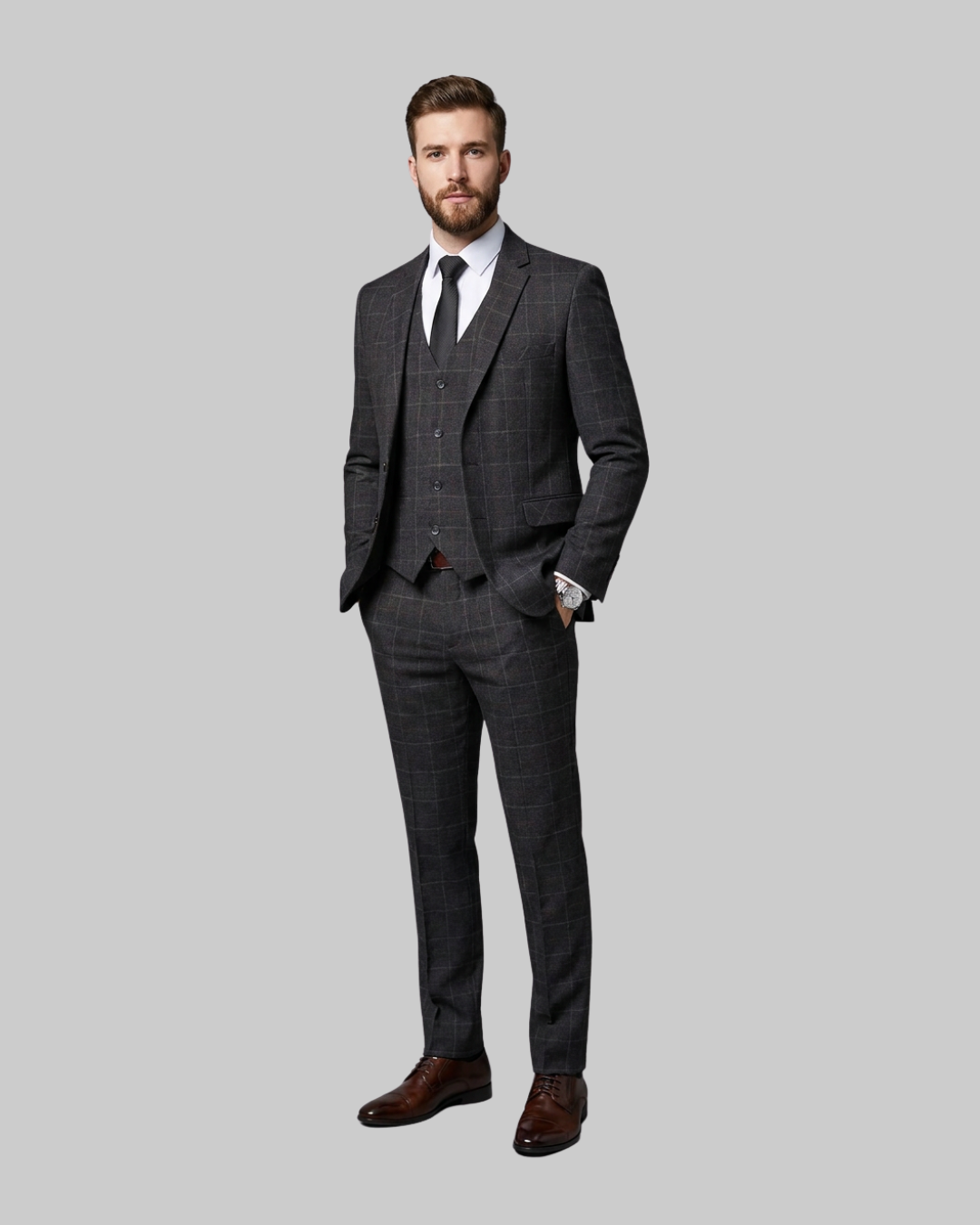 Men's Windowpane Business 3 Piece Suit in coffee.