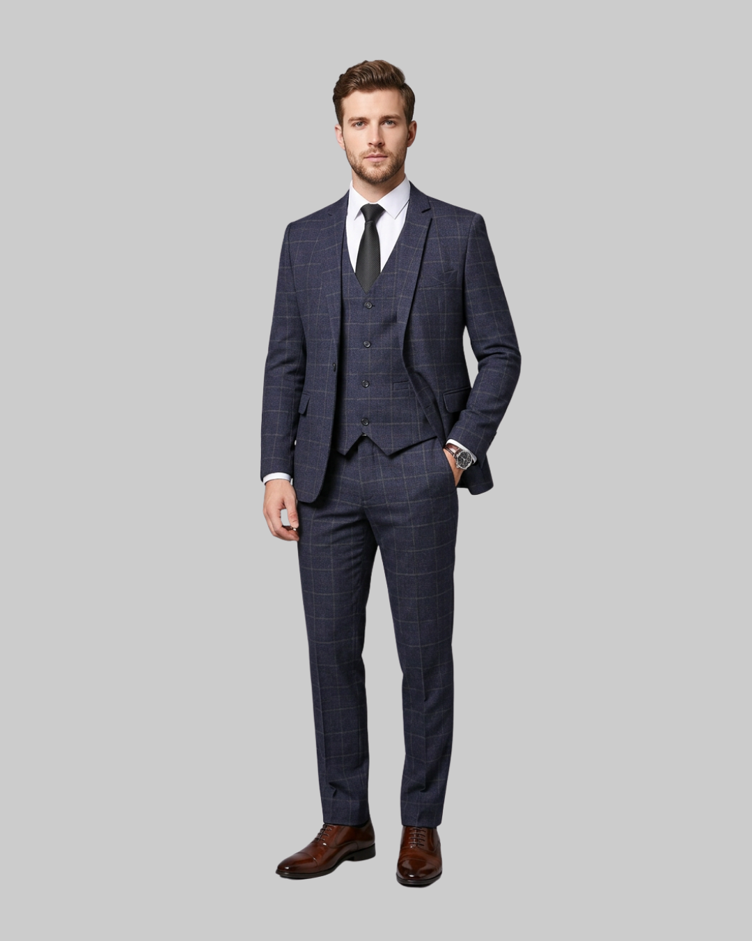 Men's Windowpane Business 3 Piece Suit in navy.