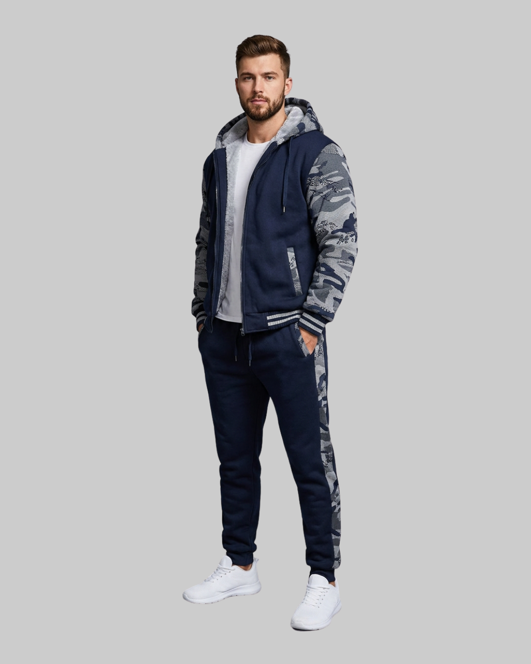Men's Winter Camo Hoodie Tracksuit Set in blue.