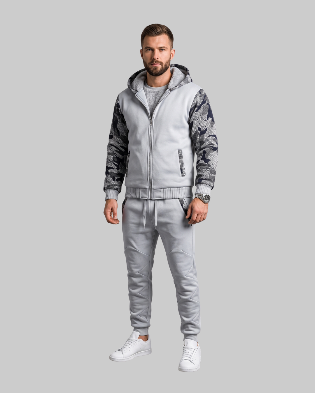 Men's Winter Camo Hoodie Tracksuit Set in dark grey.