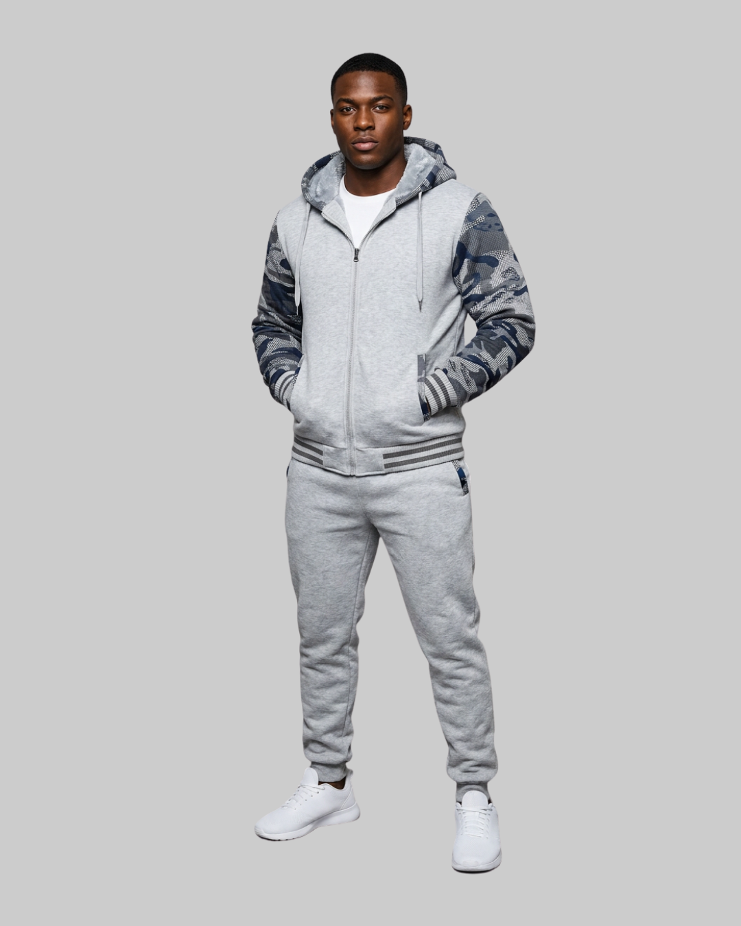 Men's Winter Camo Hoodie Tracksuit Set in light grey.