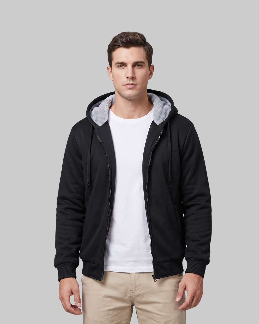 Men's Winter Lined Zip Hoodie in black.