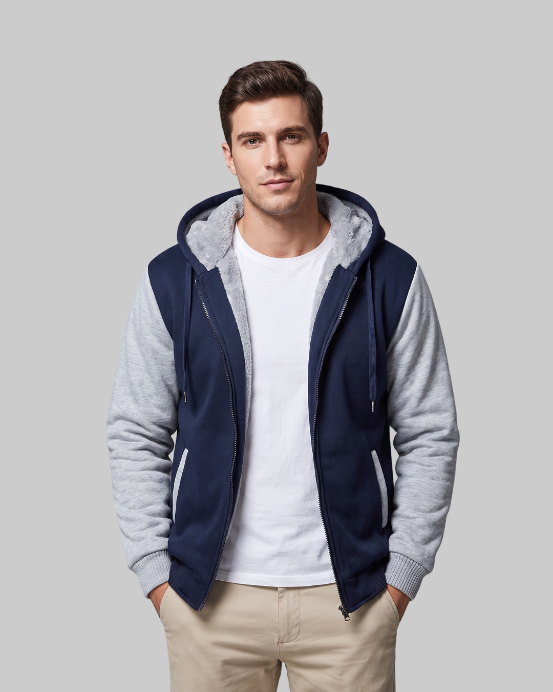 Men's Winter Lined Zip Hoodie in blue.