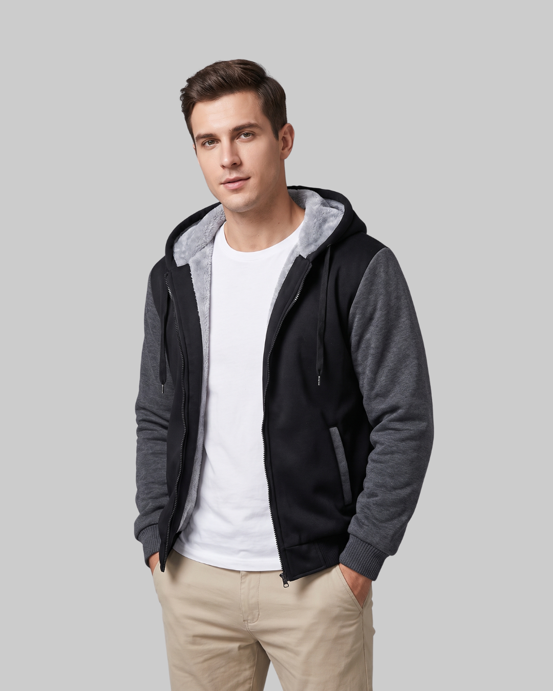Men's Winter Lined Zip Hoodie in grey.