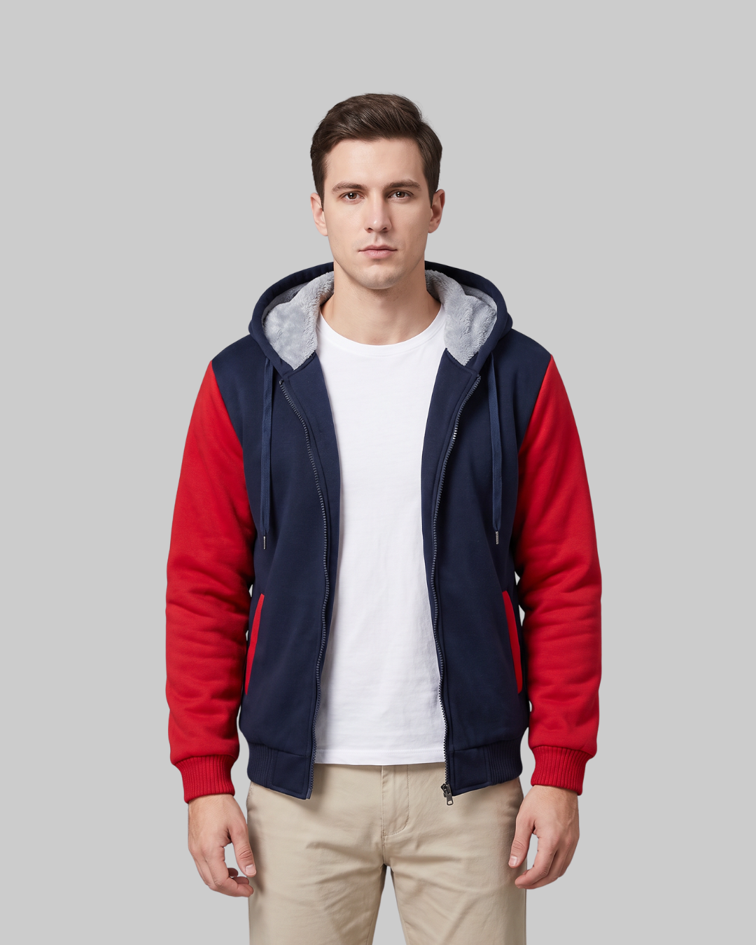 Men's Winter Lined Zip Hoodie in red.