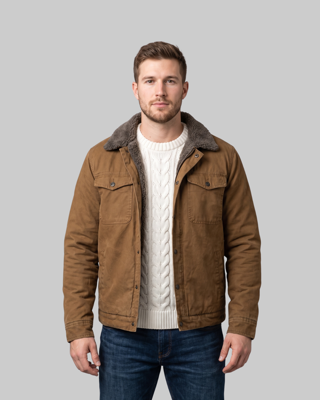 Men's Workwear Sherpa Winter Jacket in brown.