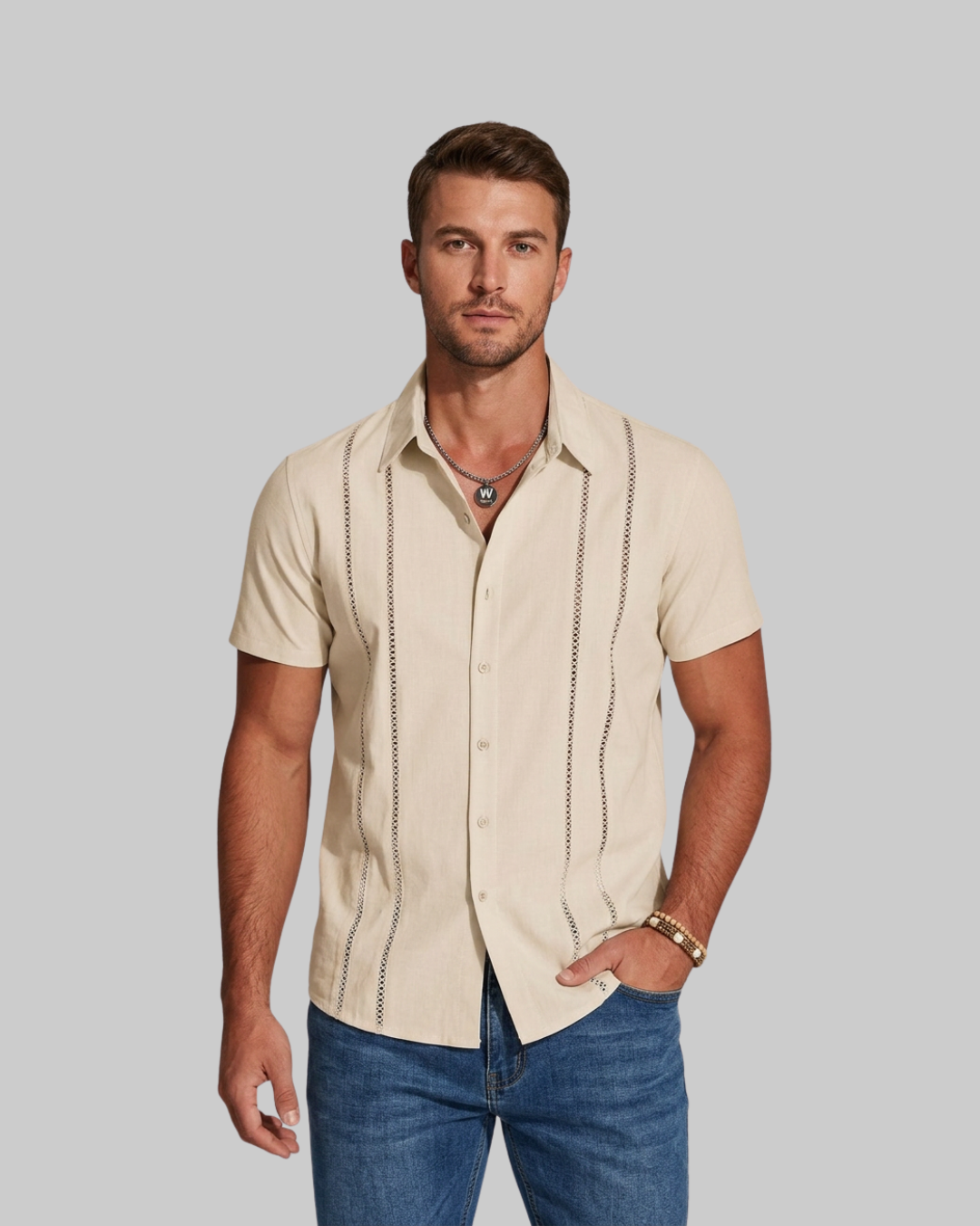 Men's Woven Detail Summer Shirt in beige.