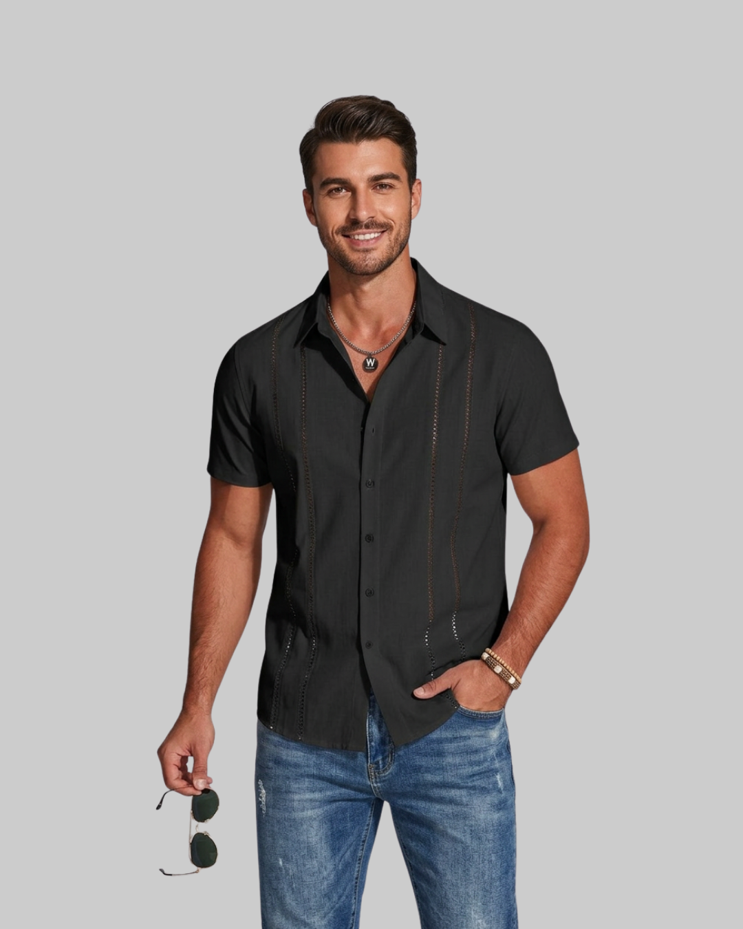 Men's Woven Detail Summer Shirt in black.
