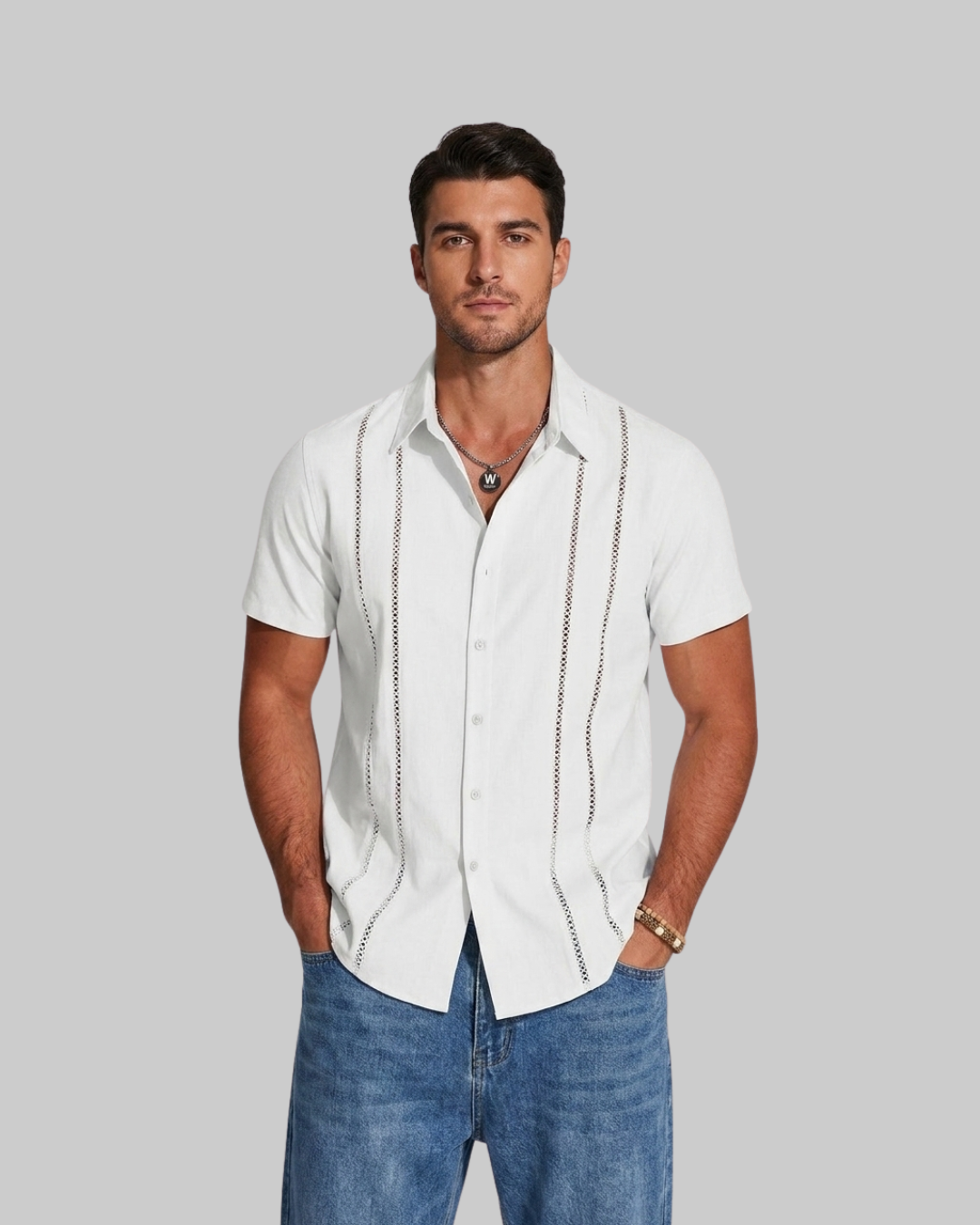 Men's Woven Detail Summer Shirt in white.