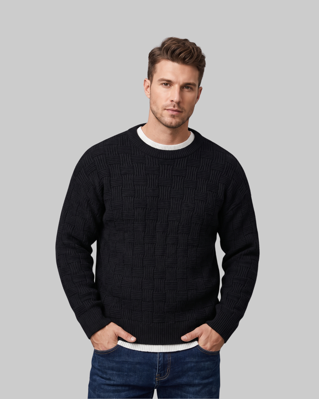 Men's Woven Pattern Sweater in black.