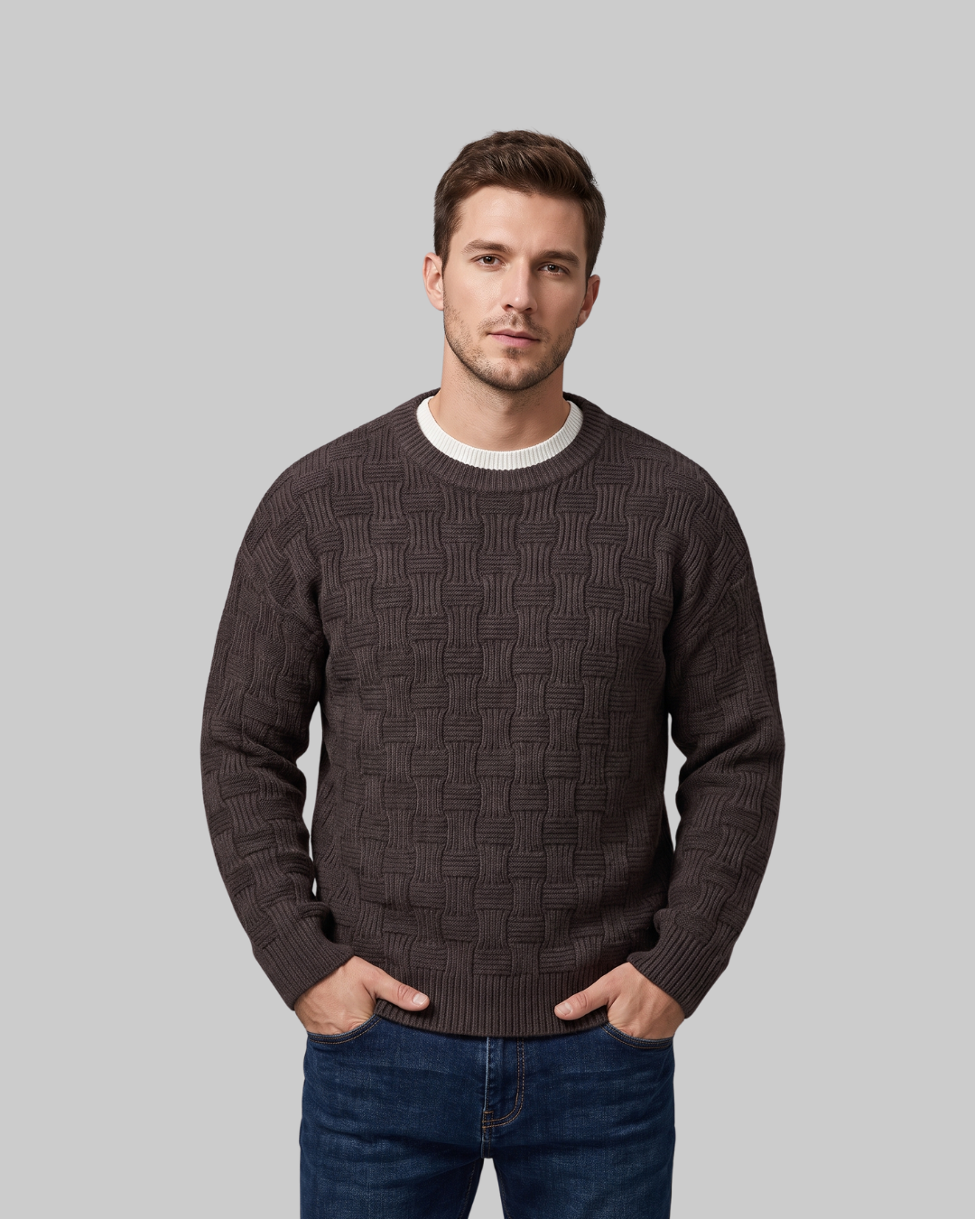 Men's Woven Pattern Sweater in brown.