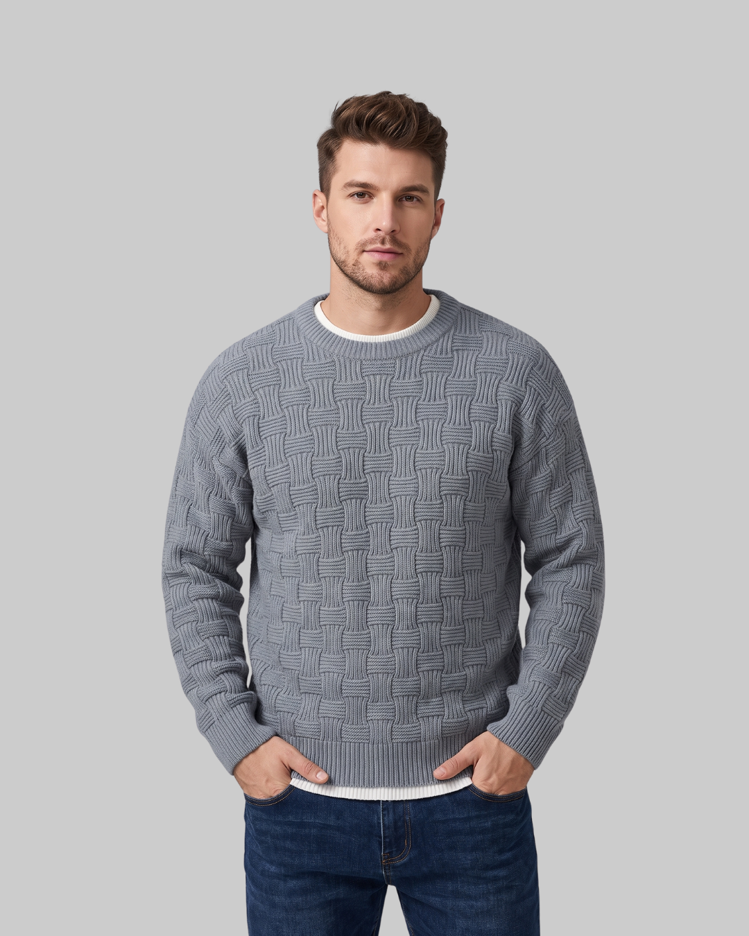 Men's Woven Pattern Sweater in grey.