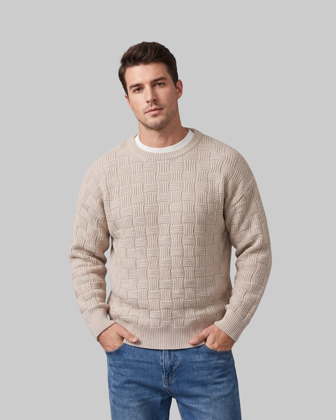 Men's Woven Pattern Sweater in khaki.