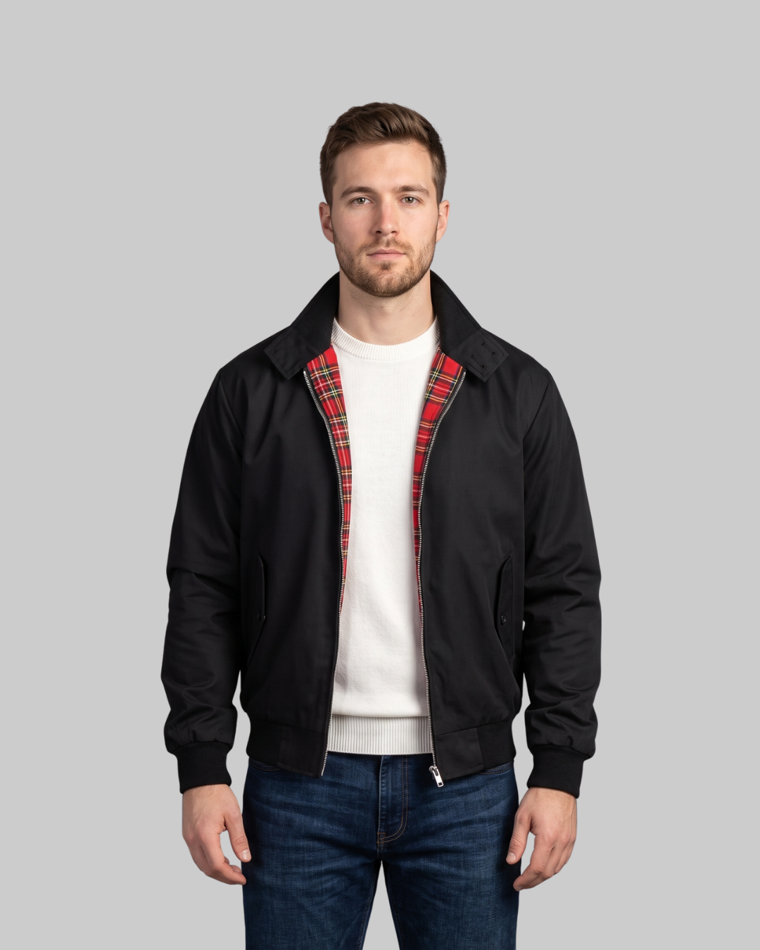 Men's Zip Front Harrington Jacket in black.