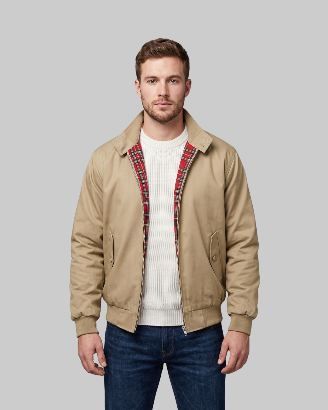 Men's Zip Front Harrington Jacket in khaki.
