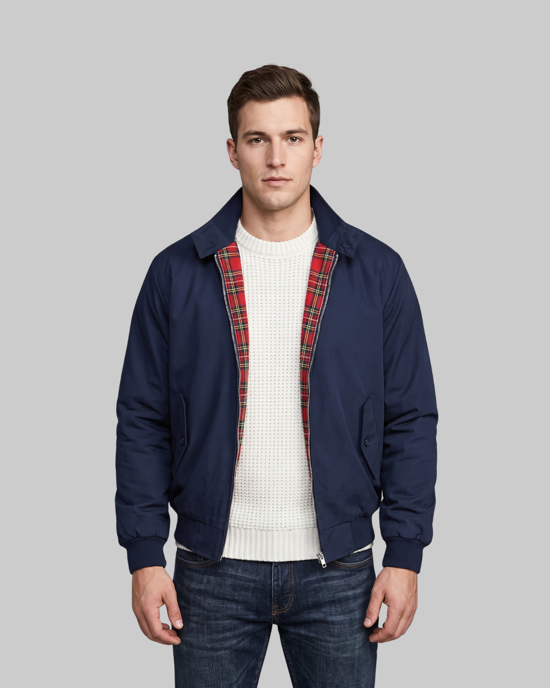 Men's Zip Front Harrington Jacket in navy blue.