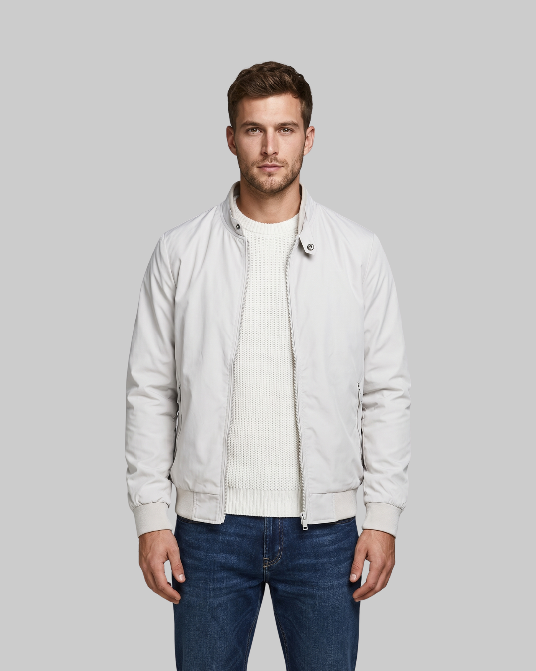 Men's Zip-Up Bomber Jacket in beige.