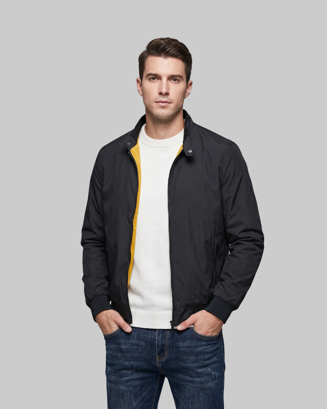 Men's Zip-Up Bomber Jacket in black.