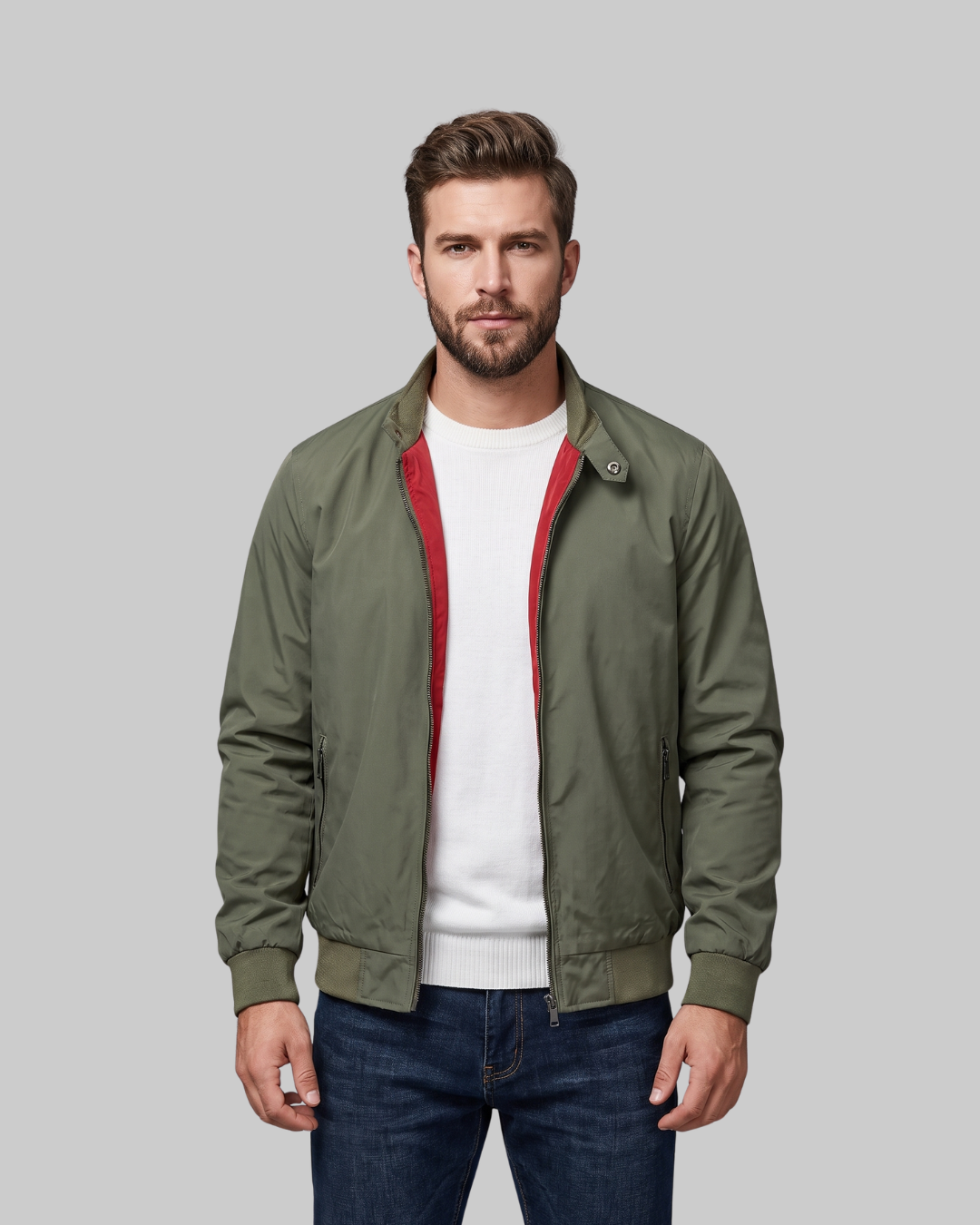 Men's Zip-Up Bomber Jacket in green.