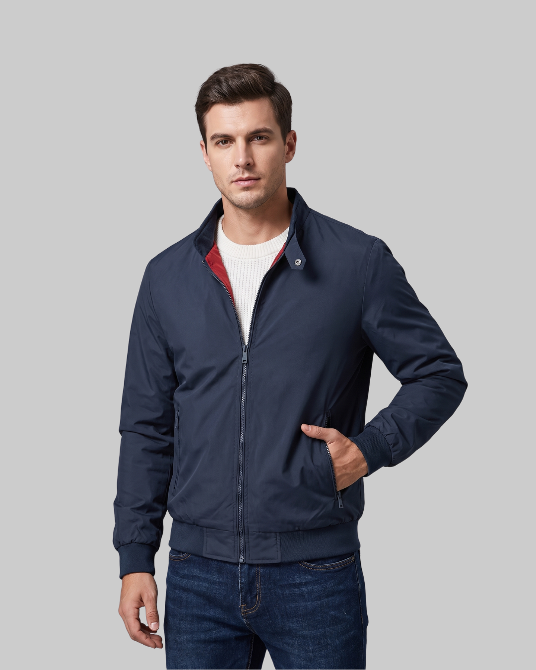 Men's Zip-Up Bomber Jacket in navy.