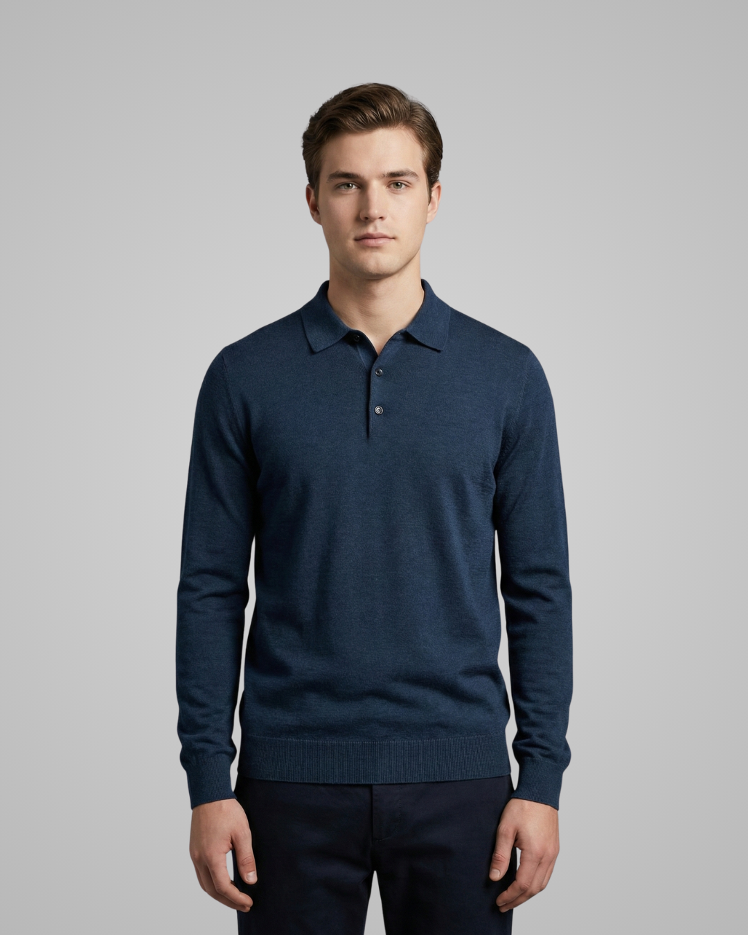 Man wearing a navy long-sleeve polo shirt against a gray background