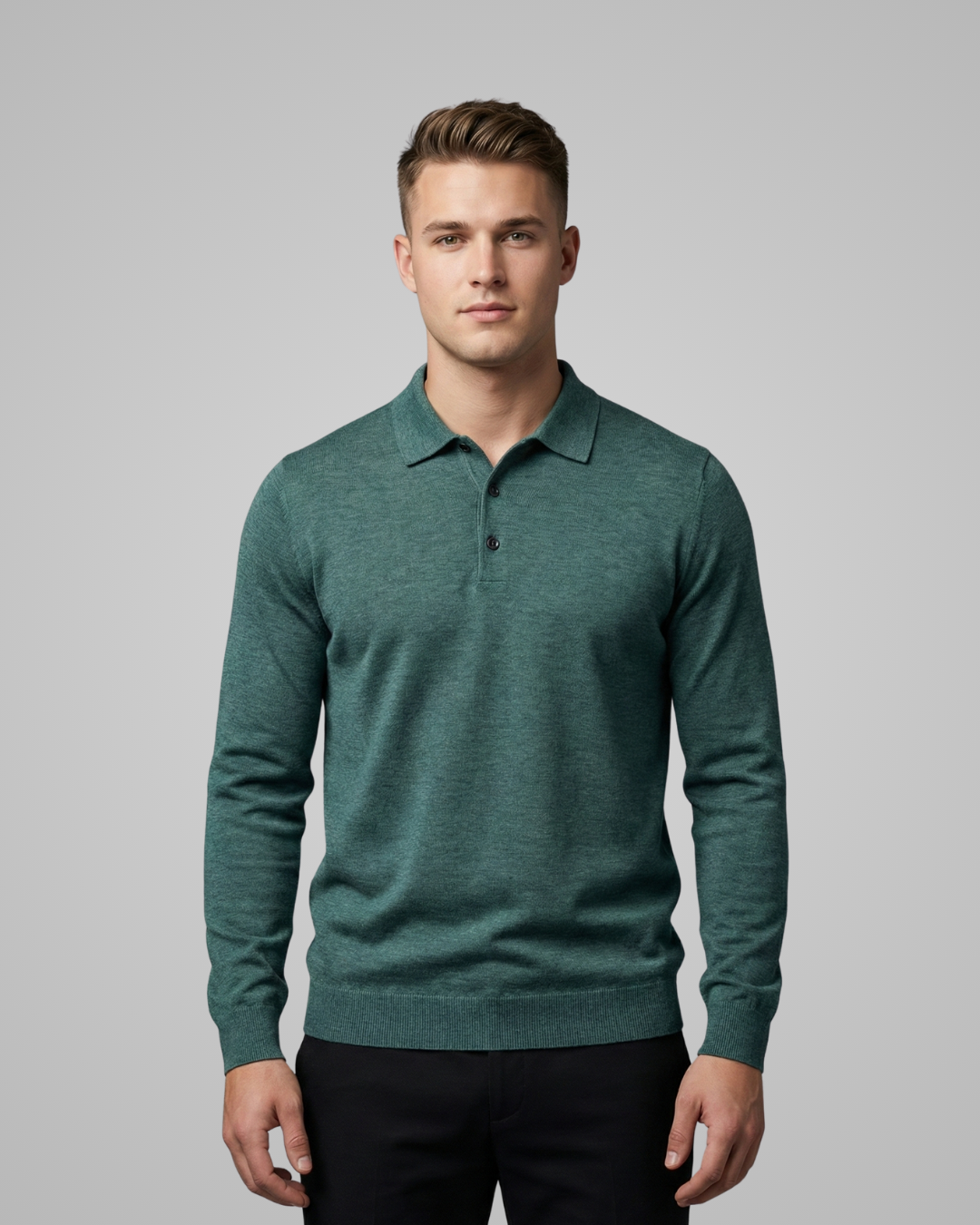 Man wearing a green sweater over a black shirt against a gray background