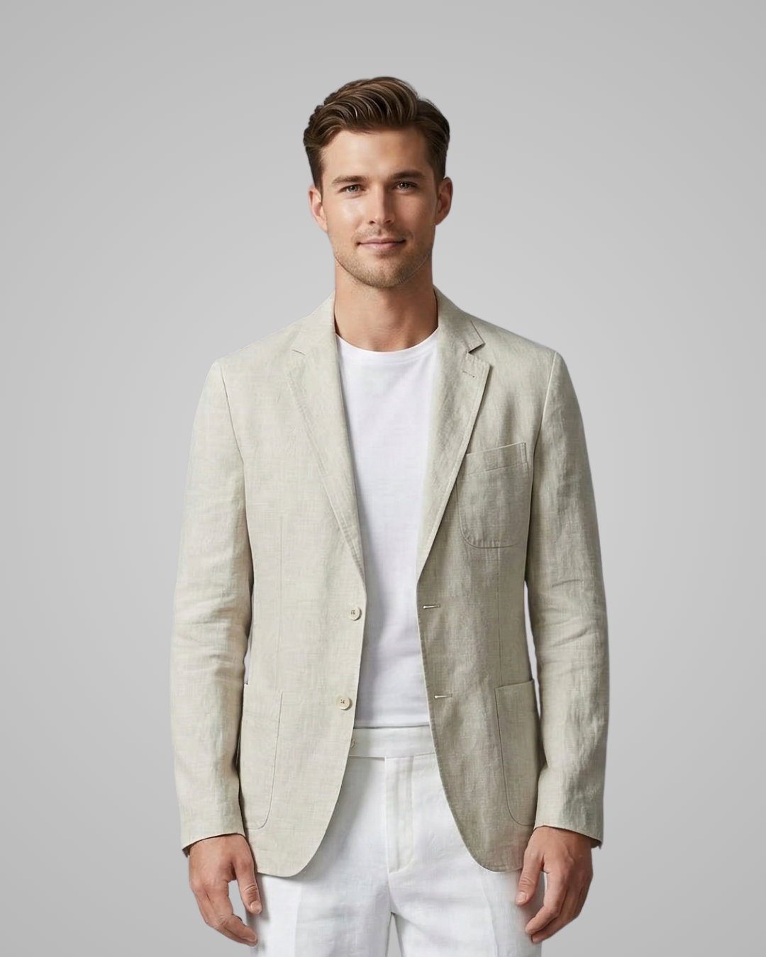 Man wearing a light beige blazer over a white shirt and pants on a gray background