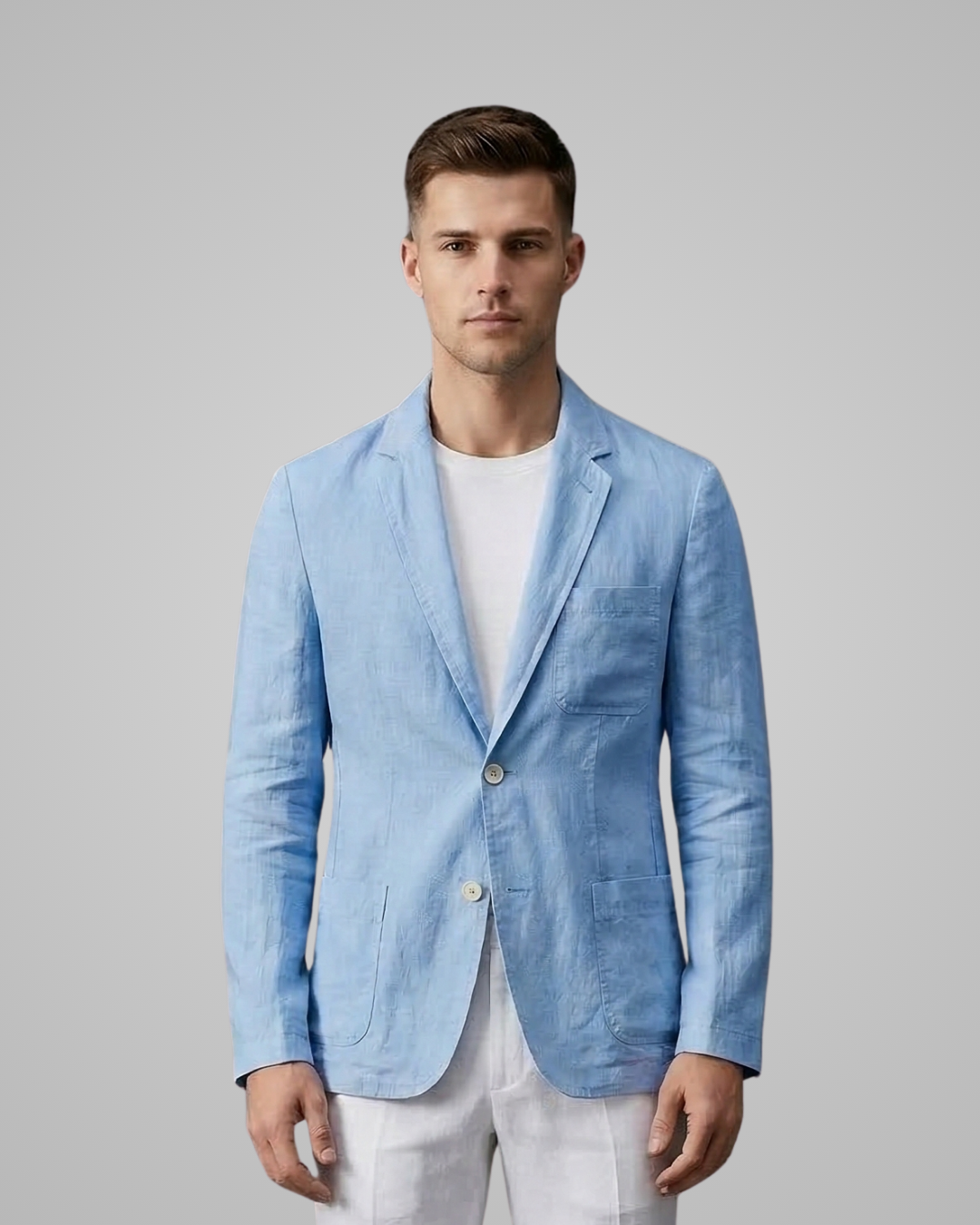 Man wearing a light blue blazer over a white shirt on a gray background