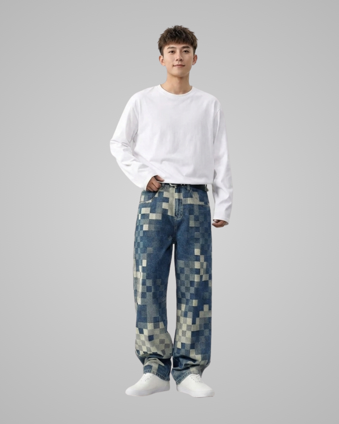 A man modeling a white long-sleeve crewneck shirt and blue pixelated camouflage pants against a solid gray studio background.