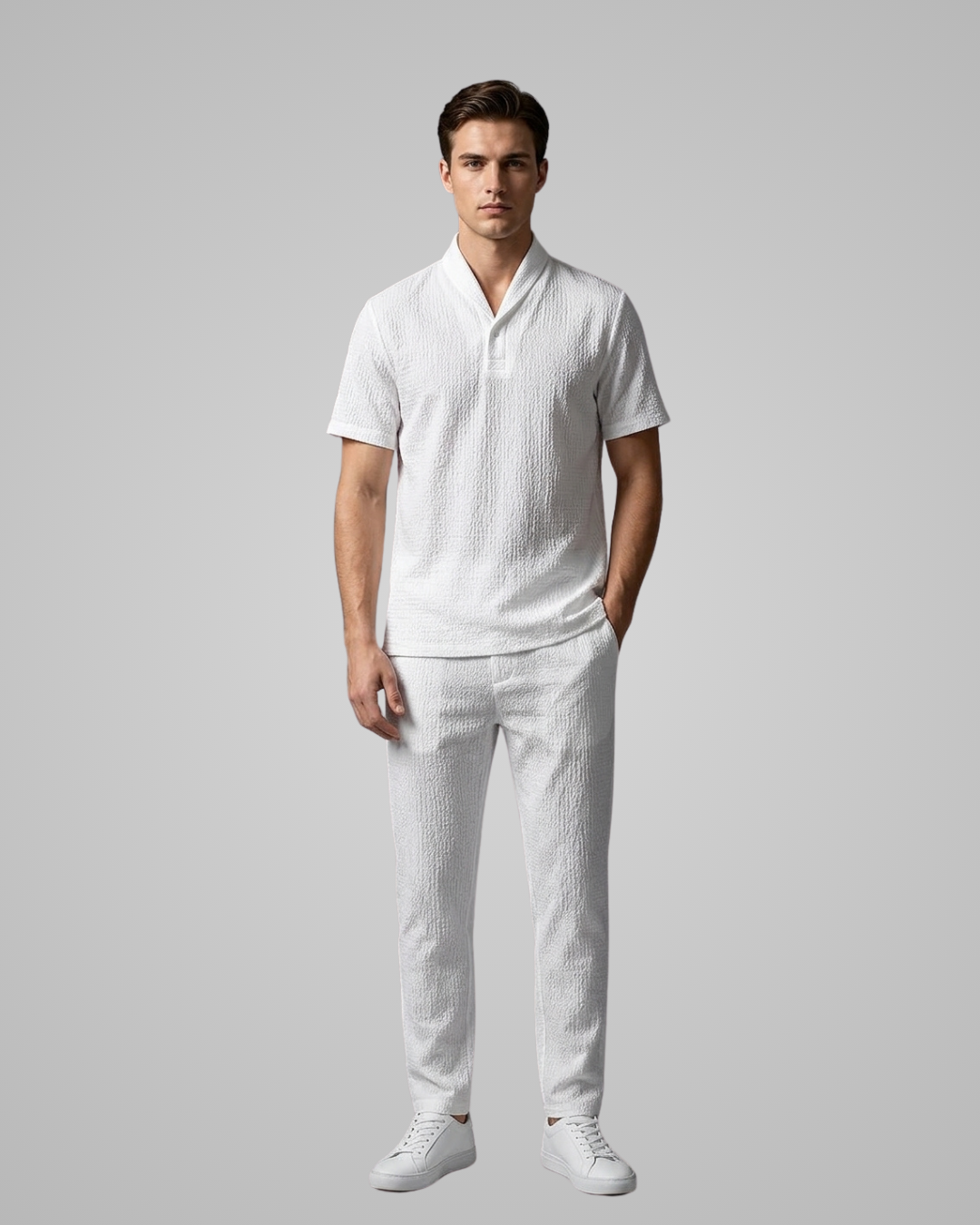 Man wearing a white outfit with a plain background
