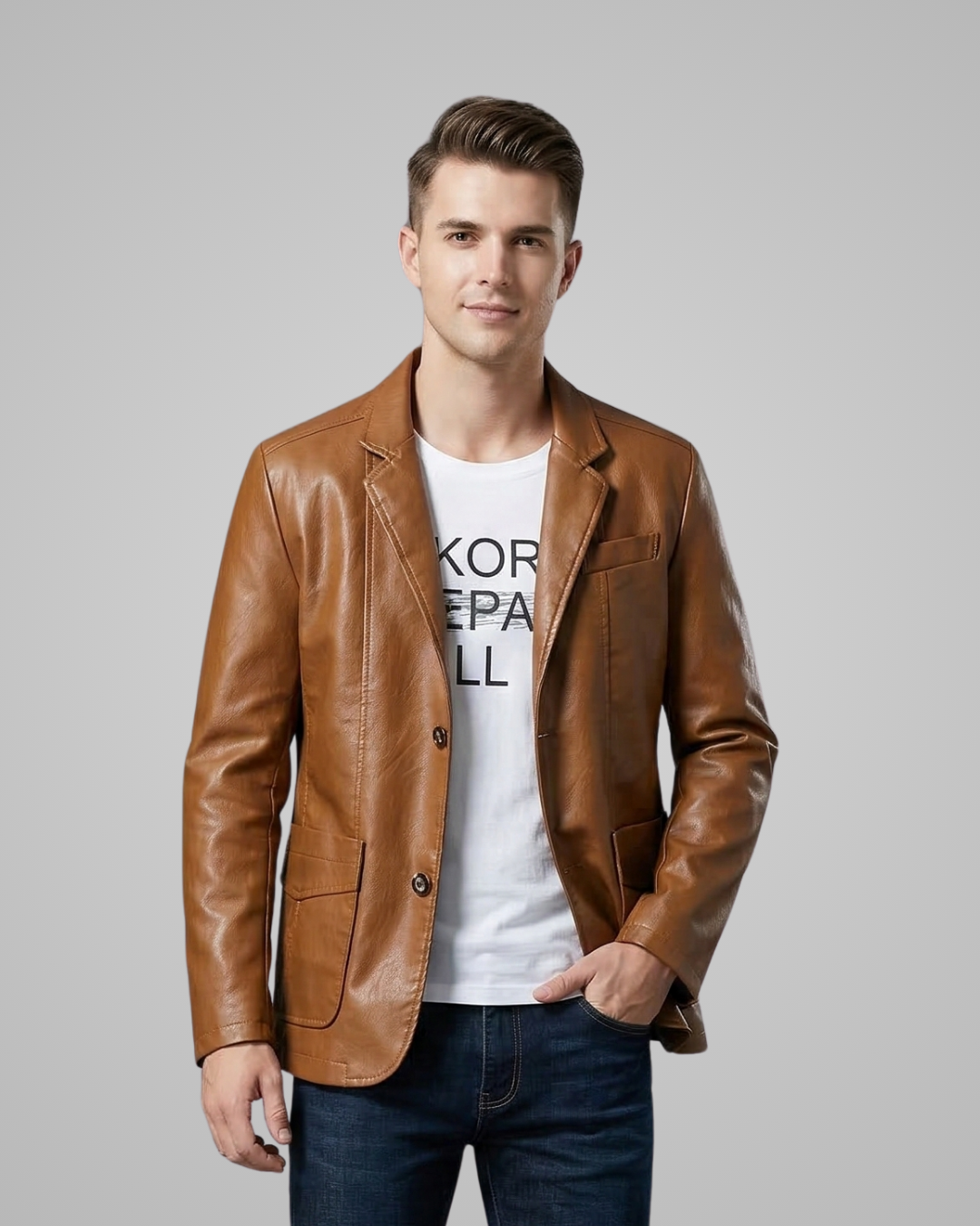 Man wearing a brown leather jacket over a white t-shirt with text on a gray background