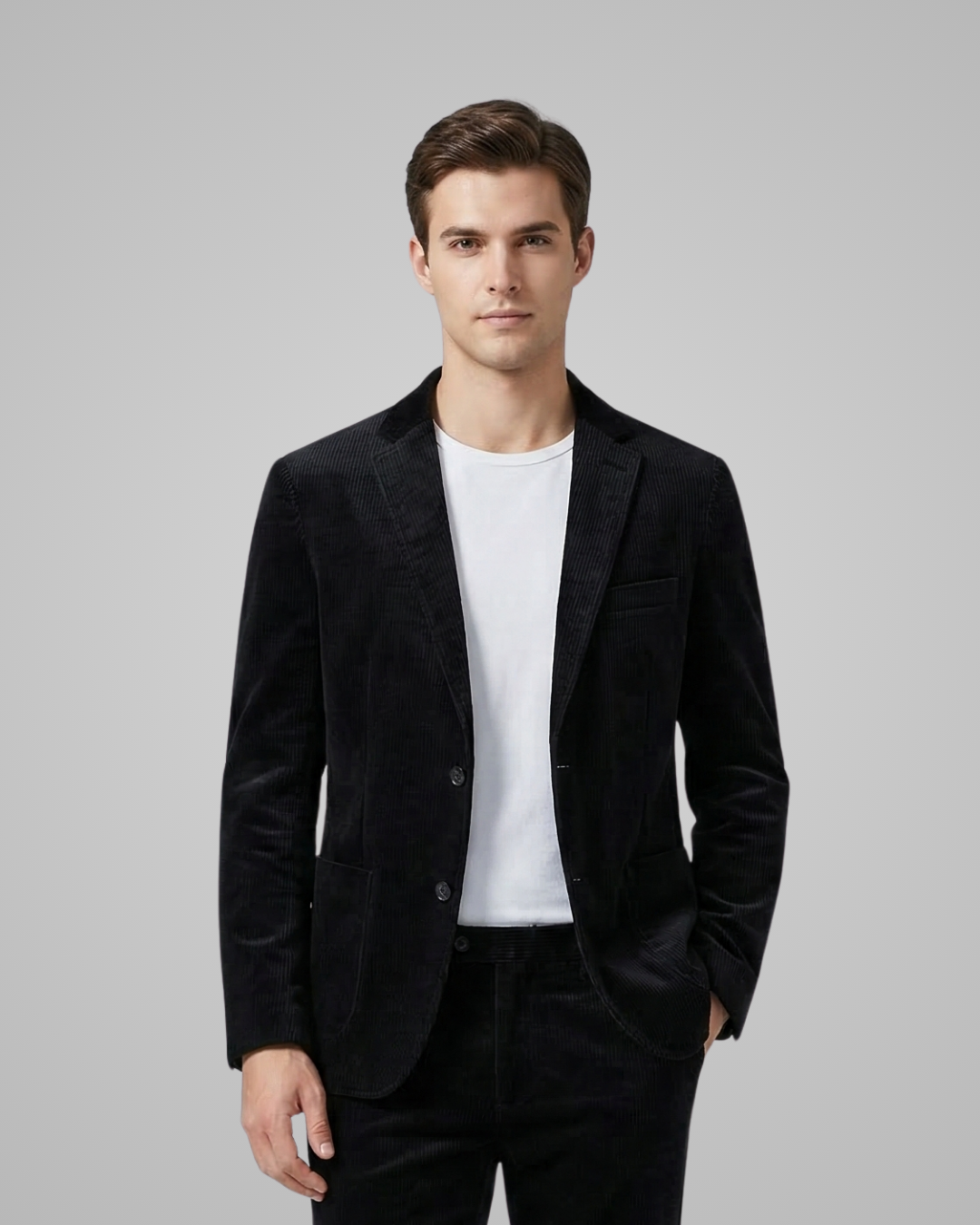 Man wearing a black blazer over a white shirt on a gray background